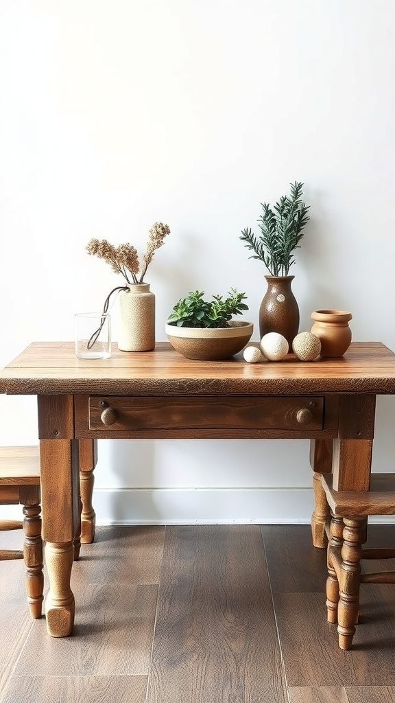 A rustic table decorated with reclaimed wood elements, featuring plants and decorative vases.