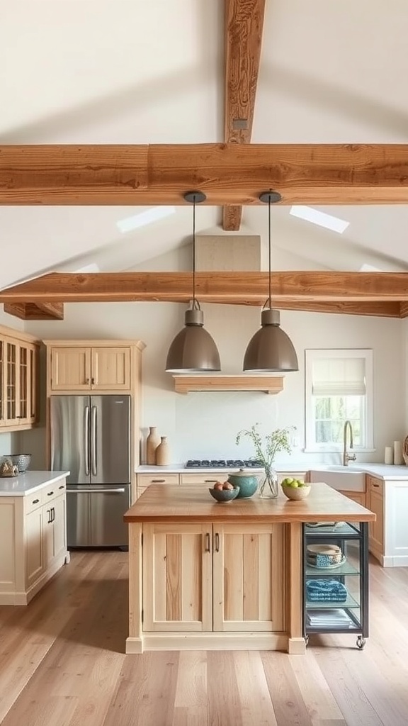A modern rustic kitchen featuring reclaimed wood elements, including beams and cabinetry.