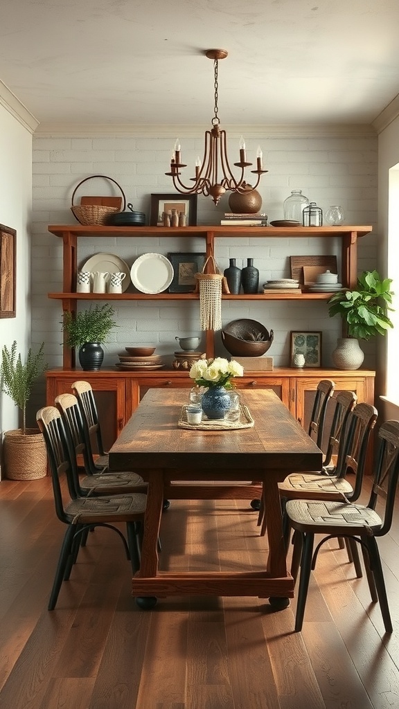 A rustic dining room featuring a reclaimed wood table and shelves with decorative items.