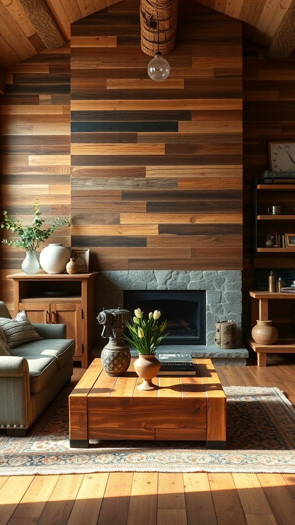 A rustic living room featuring reclaimed wood walls and furniture.