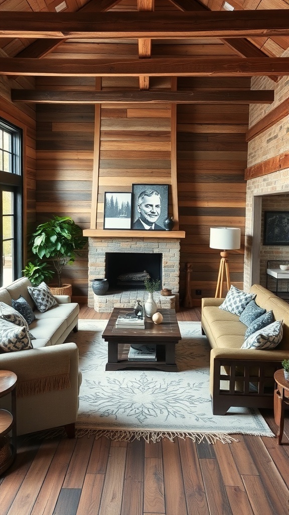A cozy industrial farmhouse living room featuring reclaimed wood furniture.