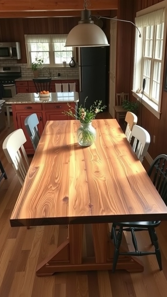 A rustic dining table made of reclaimed wood with a vase of flowers on it.