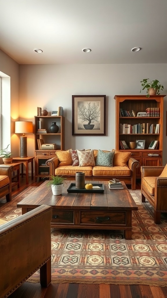 A cozy rustic living room featuring reclaimed wood furniture, warm tones, and a welcoming atmosphere.
