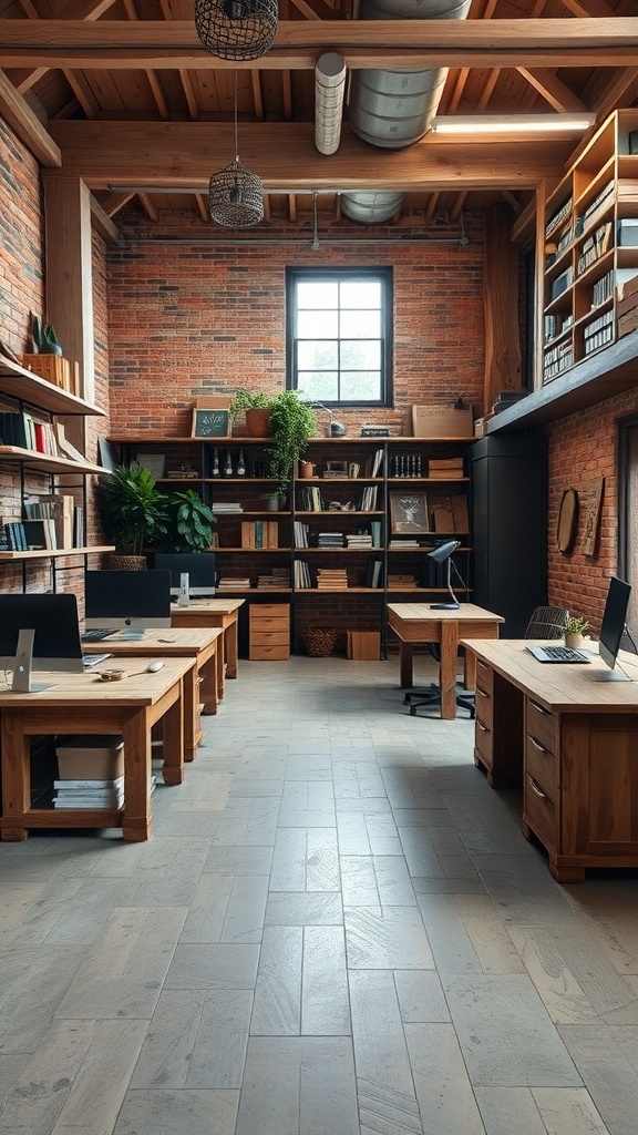 A rustic office featuring reclaimed wood furniture, with a warm and inviting atmosphere.