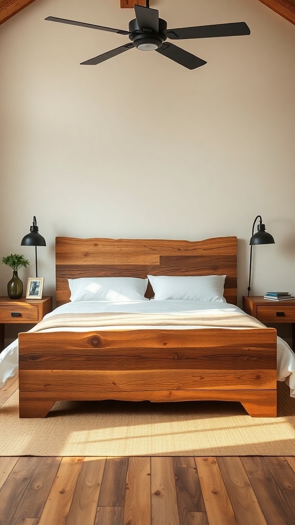 A rustic bedroom featuring reclaimed wood furniture, including a bed with a wooden headboard and matching nightstands.