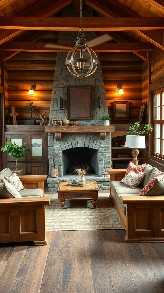 A cozy living room featuring reclaimed wood furniture, a stone fireplace, and warm lighting.