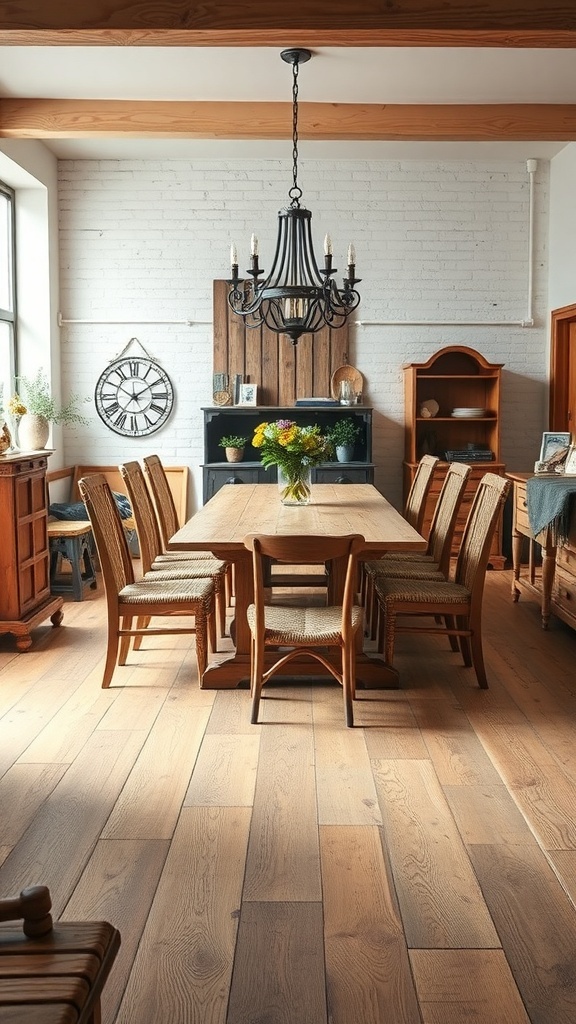 A rustic dining area featuring a reclaimed wood table and chairs, with a chandelier and wooden accents.