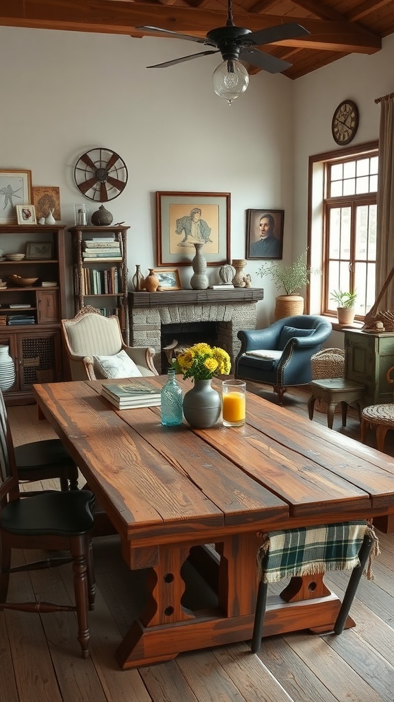 A rustic dining area featuring a reclaimed wood table, chairs, and vintage decor.