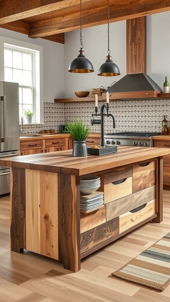 Rustic farmhouse kitchen island made of reclaimed wood