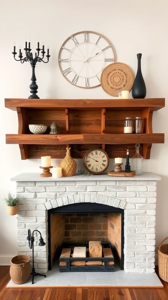 A rustic fireplace with a reclaimed wood mantel and decorative items.