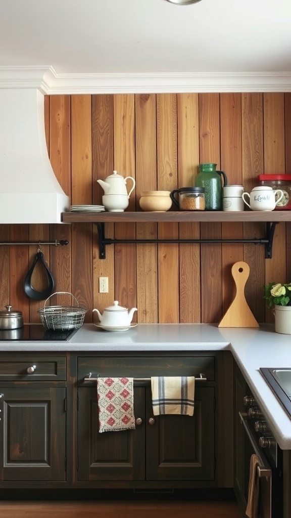 Rustic farmhouse kitchen with reclaimed wood panels as backsplash.