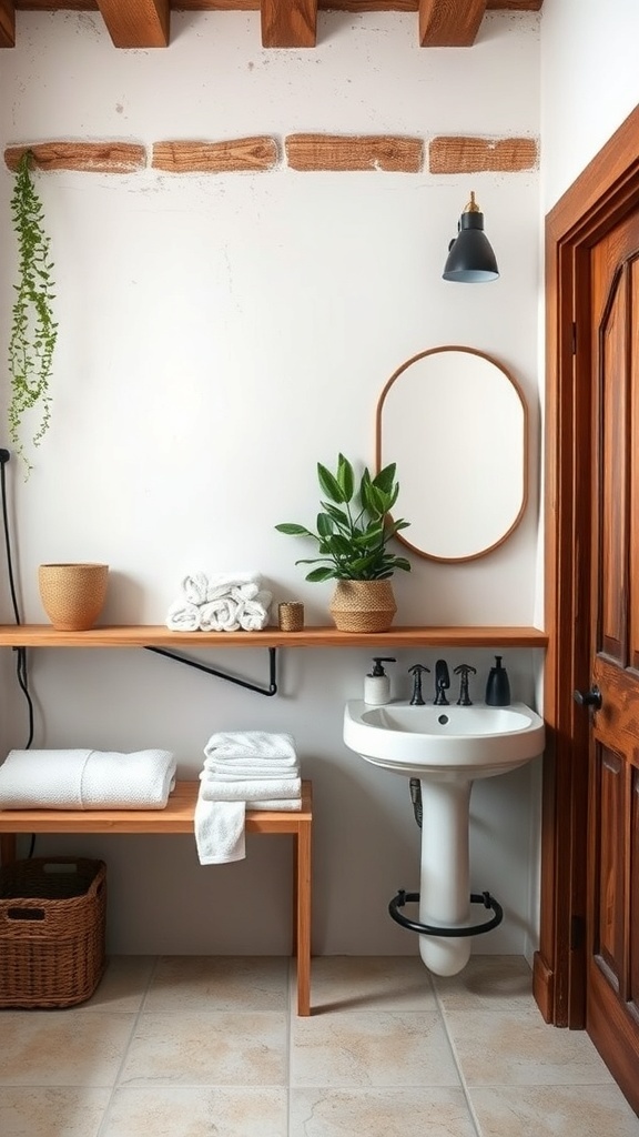 Small rustic bathroom with reclaimed wood shelving and plants.