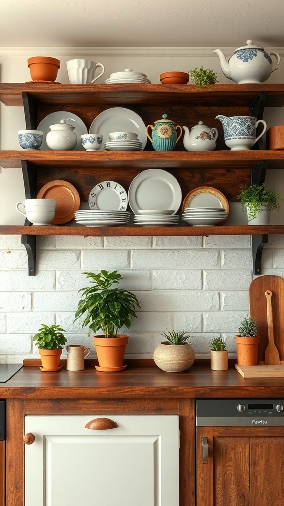 Rustic kitchen with reclaimed wood shelving displaying dishes and plants.