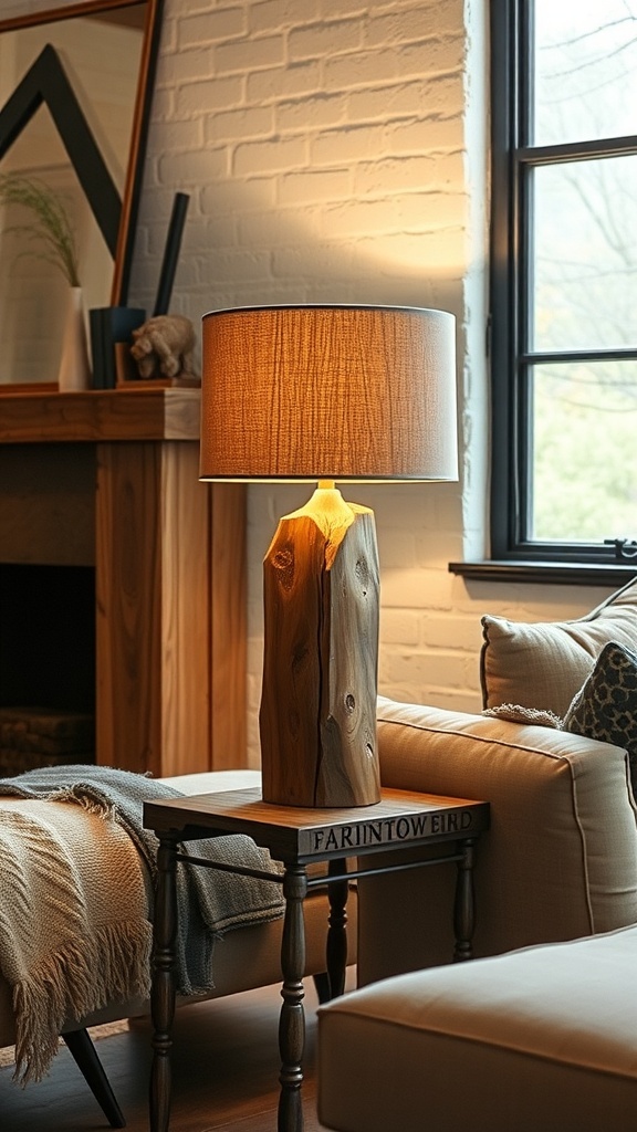 A rustic reclaimed wood table lamp with a fabric shade, placed on a side table in a cozy living room.