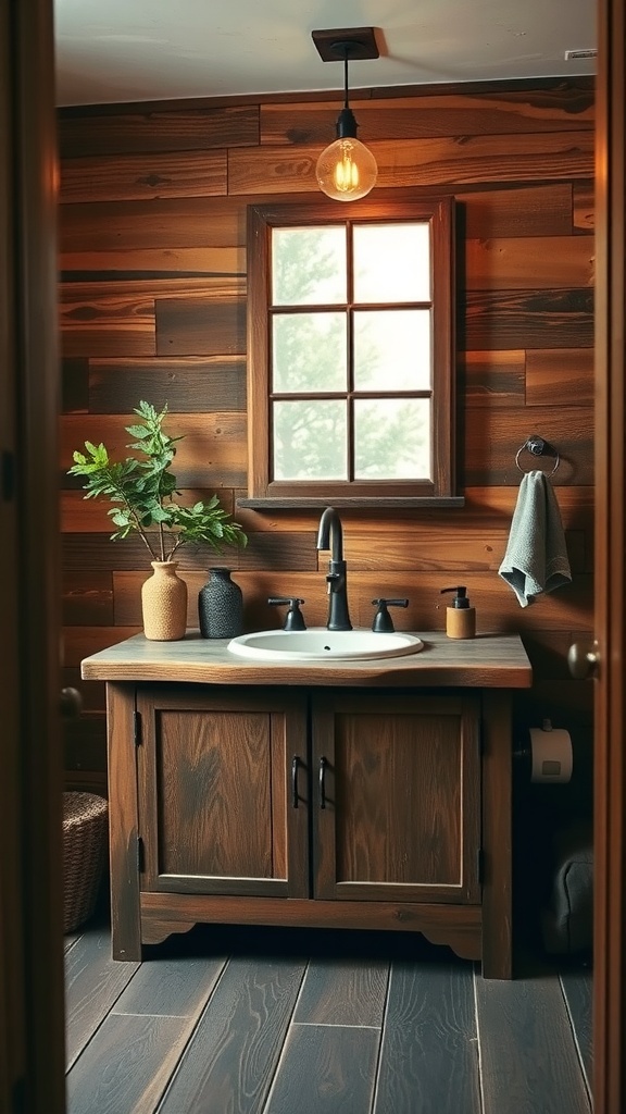 A rustic bathroom featuring a reclaimed wood vanity with a sink, surrounded by wooden walls and natural decor.