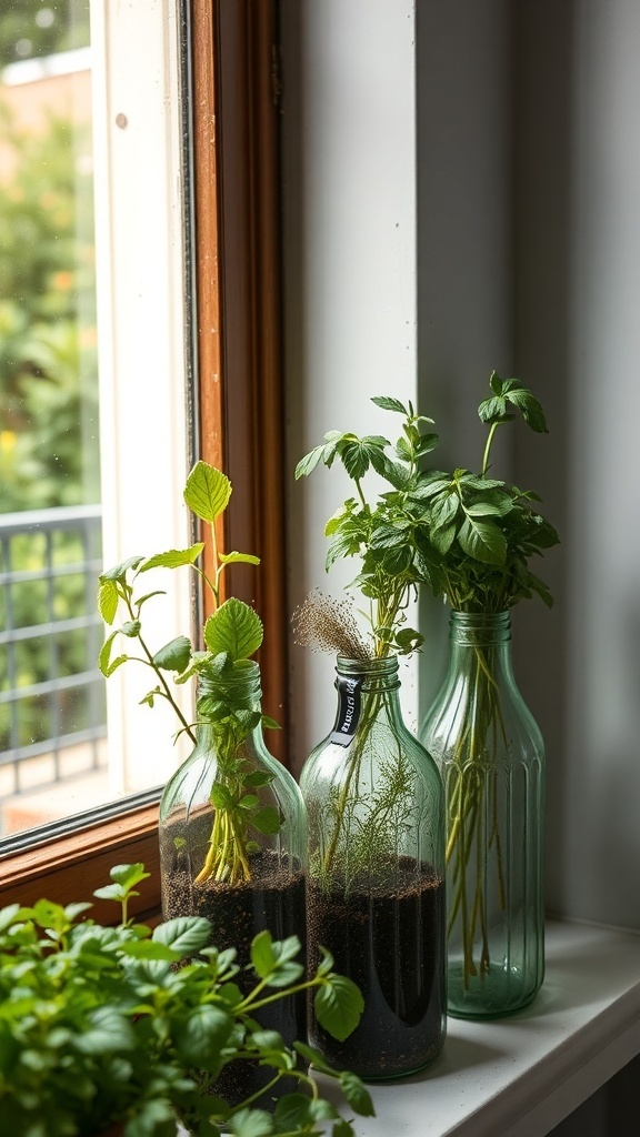 A collection of recycled glass bottles filled with soil and growing herbs on a windowsill.