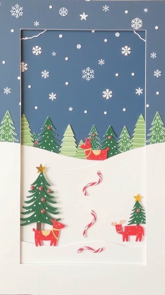 Colorful recycled Christmas card art featuring trees and reindeer.