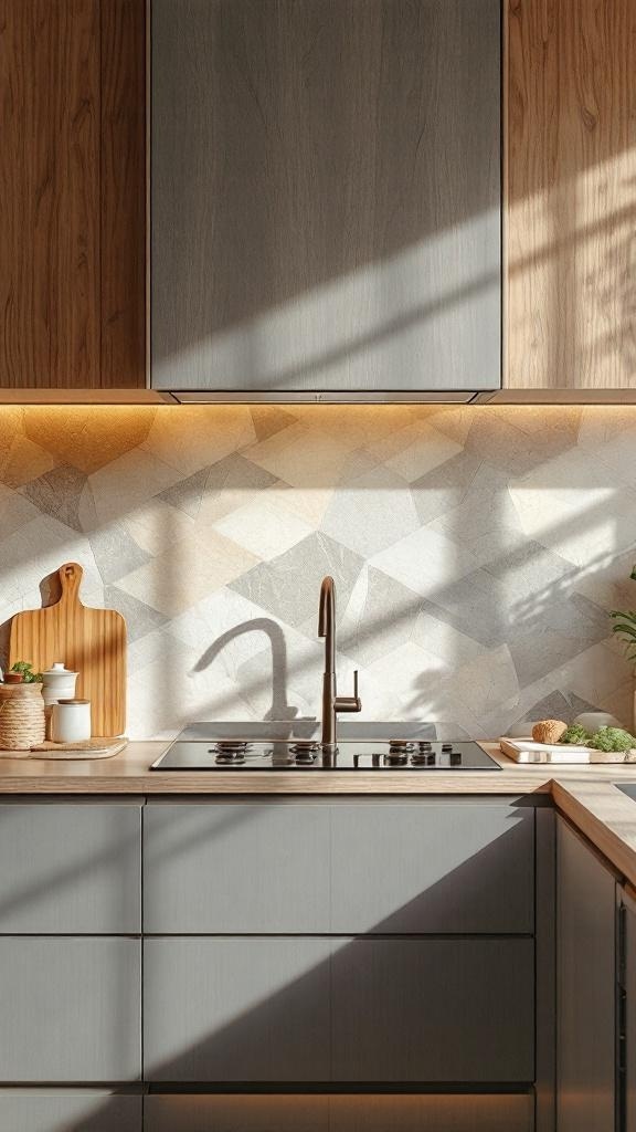 A modern kitchen with a recycled material splashback, featuring geometric patterns and a sleek design.