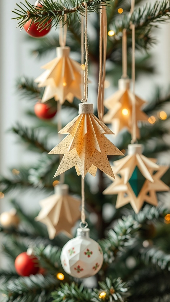 Christmas tree decorated with recycled paper ornaments and natural elements.