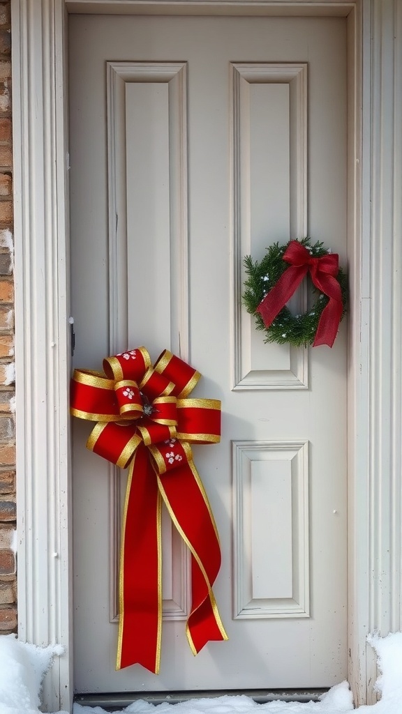 A door decorated with a large red and gold bow and a small wreath.