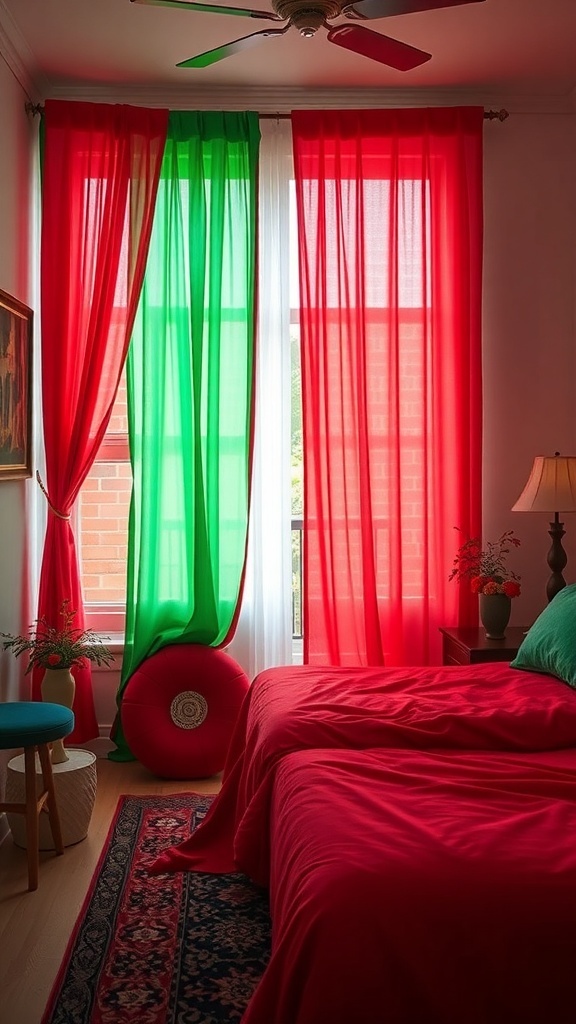 A cozy bedroom decorated with red and green curtains and bedding for Christmas.