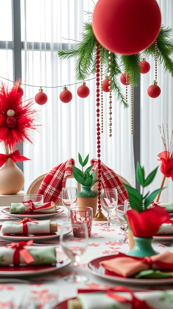 Christmas table decorated with red and green colors, featuring festive centerpieces and tableware.