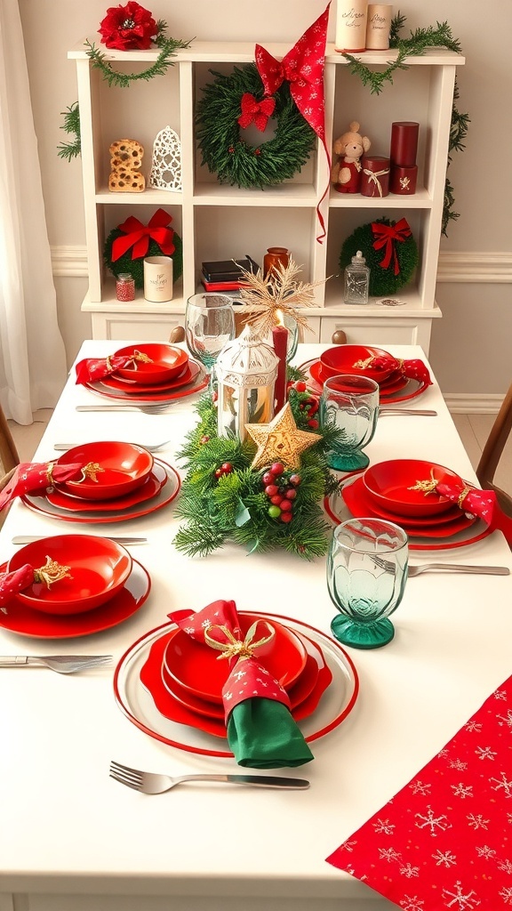 A festive red and green table setting with plates, napkins, and holiday decor.