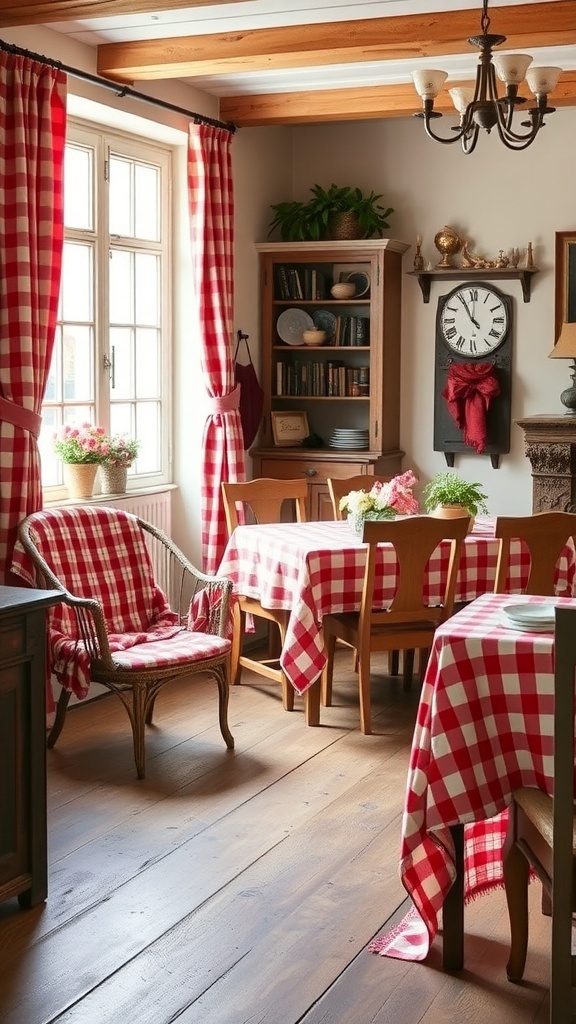 A cozy dining area decorated with red and white checkered fabrics on tables and curtains.