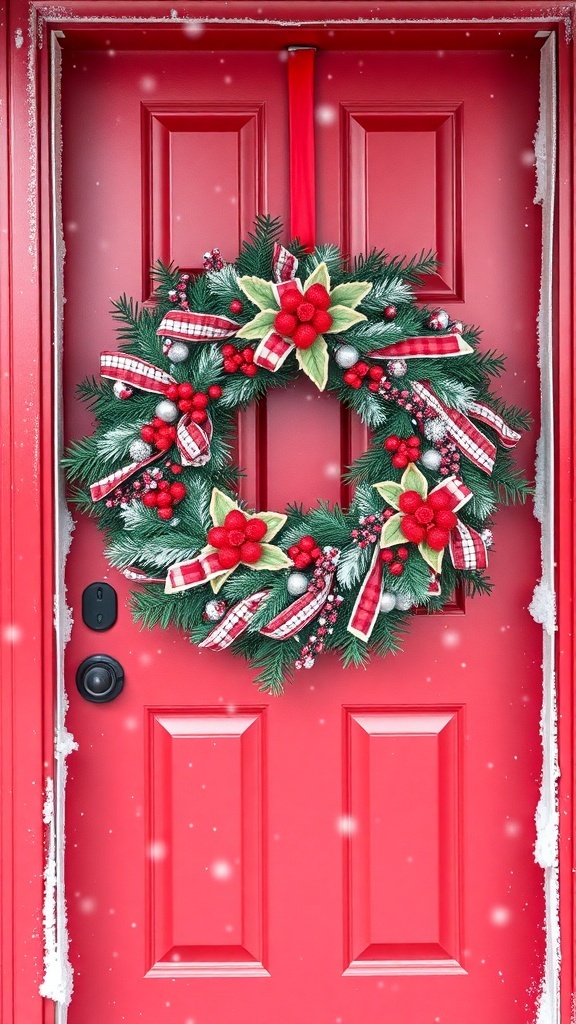 A red and white wreath on a red front door, decorated with ribbons and berries, surrounded by snow.