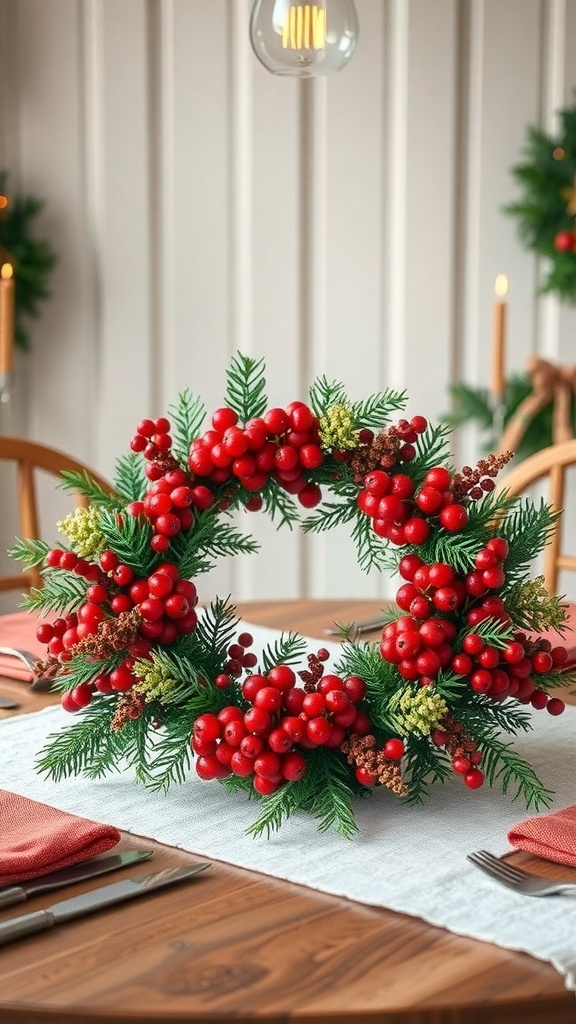 A red berry and cedar wreath on a dining table, surrounded by candles and table settings.