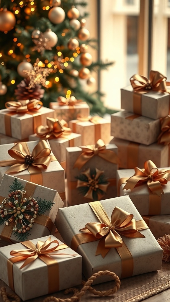 Beautifully wrapped Christmas gifts with elegant ribbons and natural decorations.
