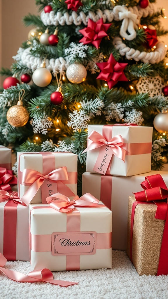 Beautifully wrapped Christmas gifts with pastel ribbons and tags under a decorated tree.