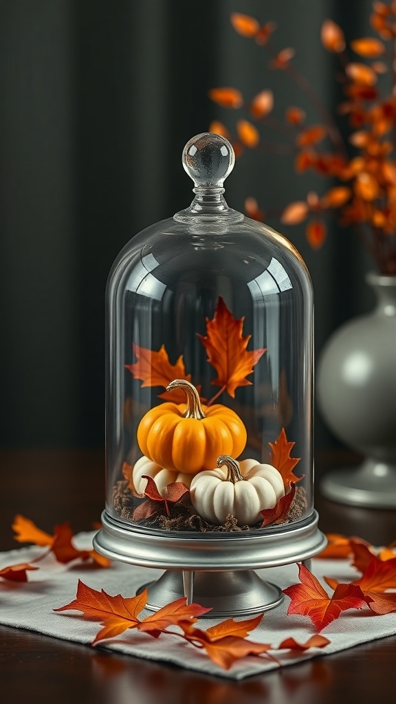 A glass cloche displaying small pumpkins surrounded by autumn leaves.
