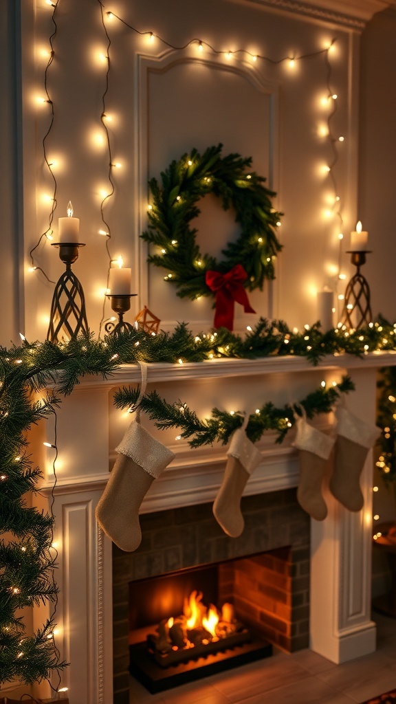 A beautifully decorated mantel with warm lights, a wreath, and stockings for Christmas.