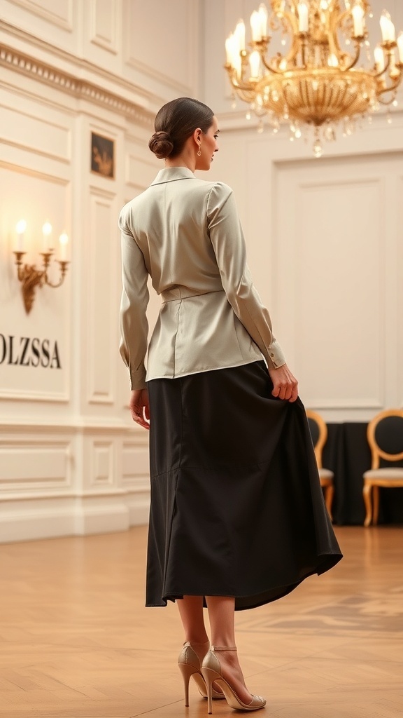 A woman wearing a refined silk blouse and an A-line skirt, standing elegantly in a stylish setting.
