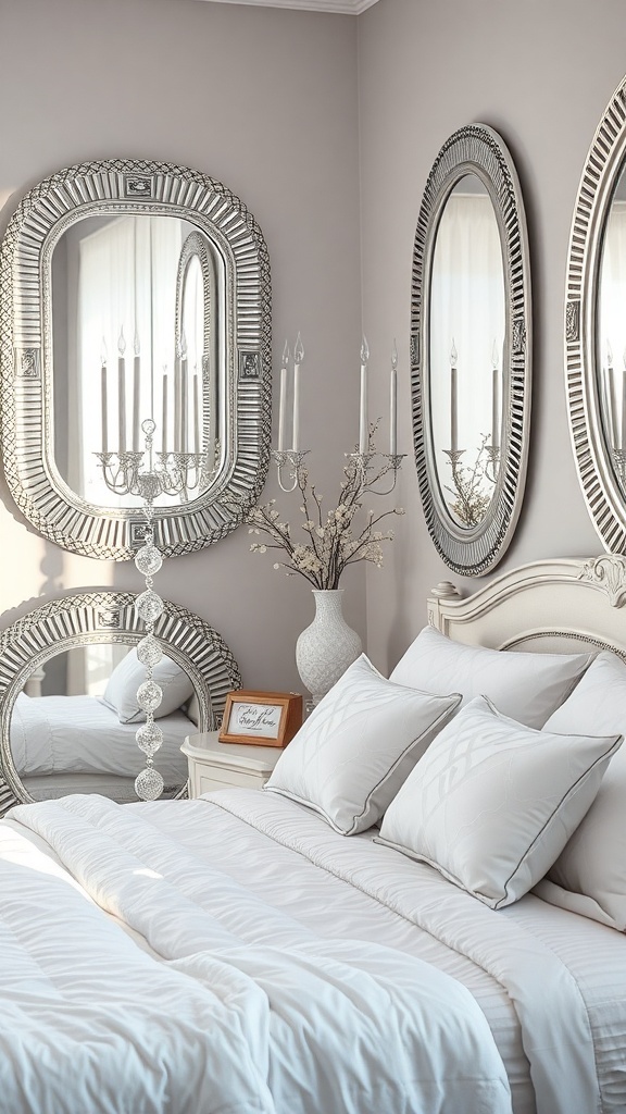 A stylish black and silver bedroom featuring reflective silver accents like mirrors and candle holders.