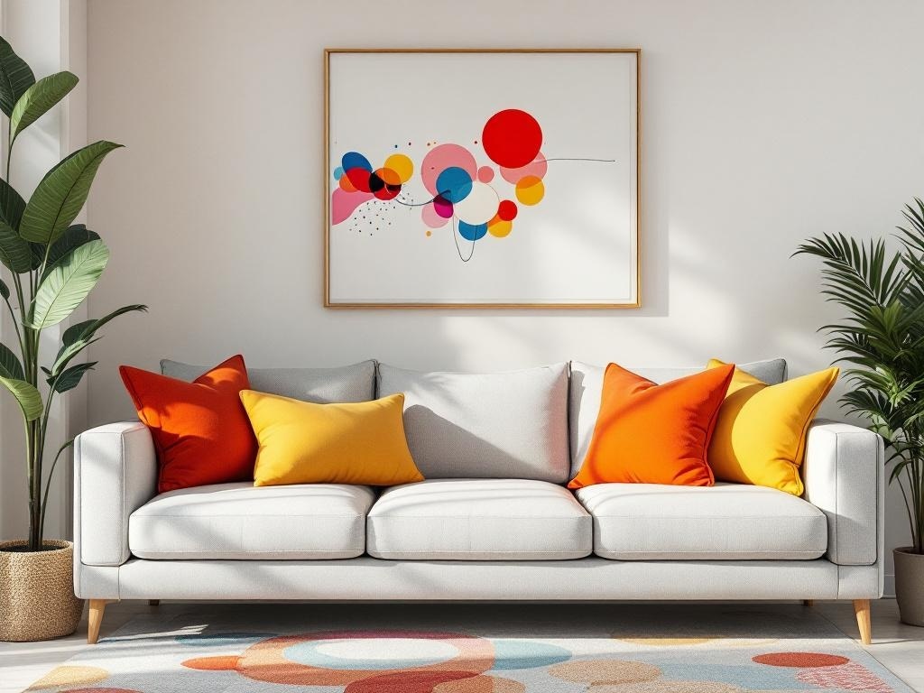 Cozy living room with a gray sofa and colorful pillows, featuring abstract art on the wall and plants.