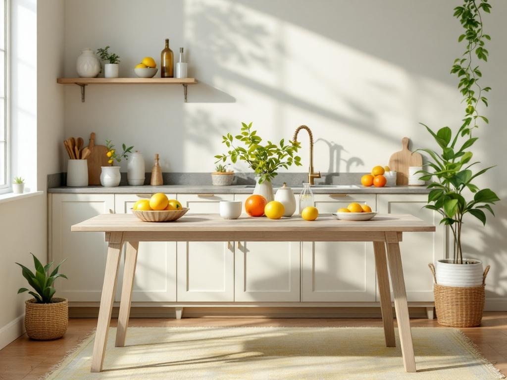 A bright kitchen with a wooden table featuring citrus fruits and plants.