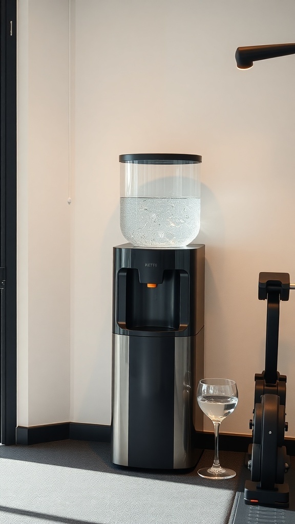 A modern water dispenser in a luxury home gym setting, with a glass of water beside it.