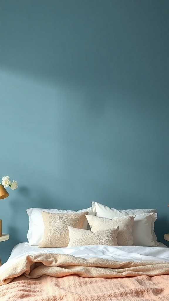 A cozy bedroom with a soft blue wall and neatly arranged pillows on the bed.