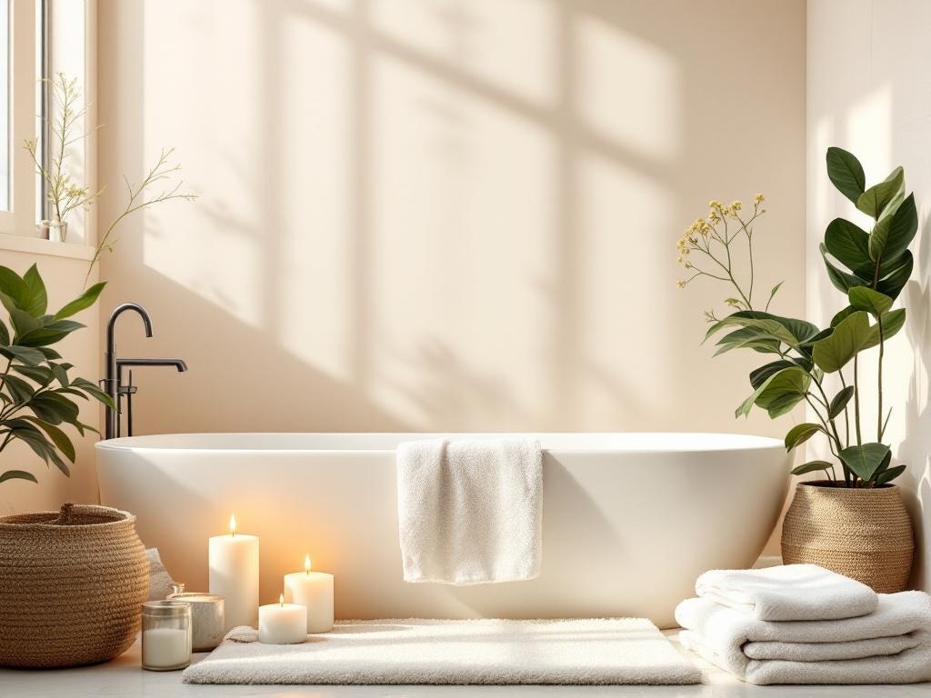 A serene bathroom with a white bathtub, candles, and plants, creating a relaxing atmosphere.