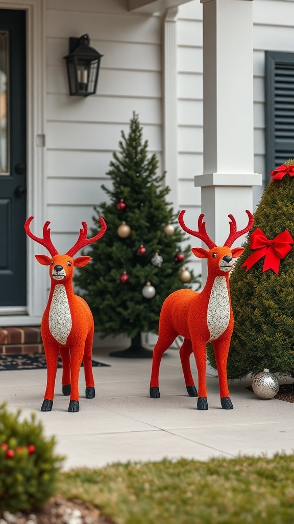 Two orange reindeer lawn decorations on a front porch with Christmas trees and ornaments.