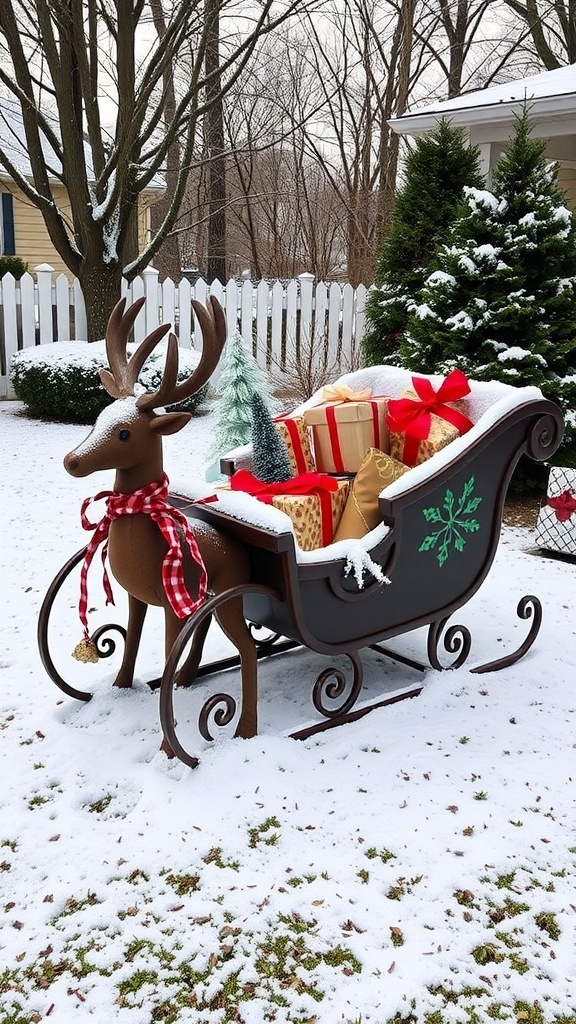 A festive reindeer sleigh display with gifts and decorations in a snowy yard.