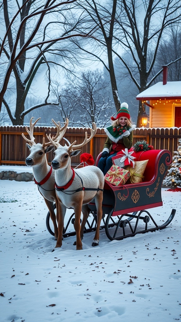 A festive outdoor scene featuring a reindeer sleigh setup with a child in a winter outfit, surrounded by snow and holiday decorations.