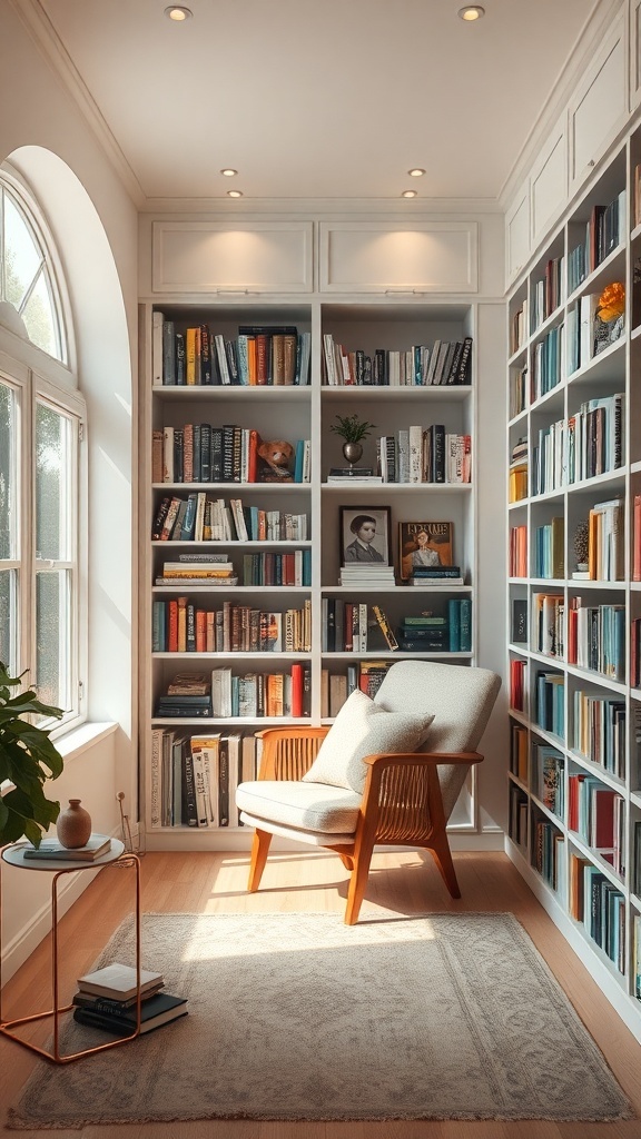 A cozy reading nook with a comfortable chair and bookshelves filled with books.