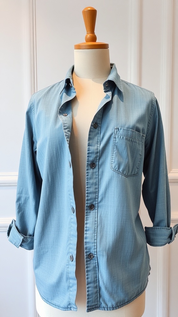 A relaxed fit chambray shirt displayed on a mannequin, showcasing a light blue color and button-down style.