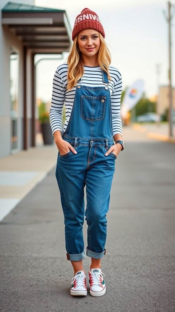 A woman wearing relaxed fit denim overalls with a striped long-sleeve shirt and white sneakers, accessorized with a beanie.