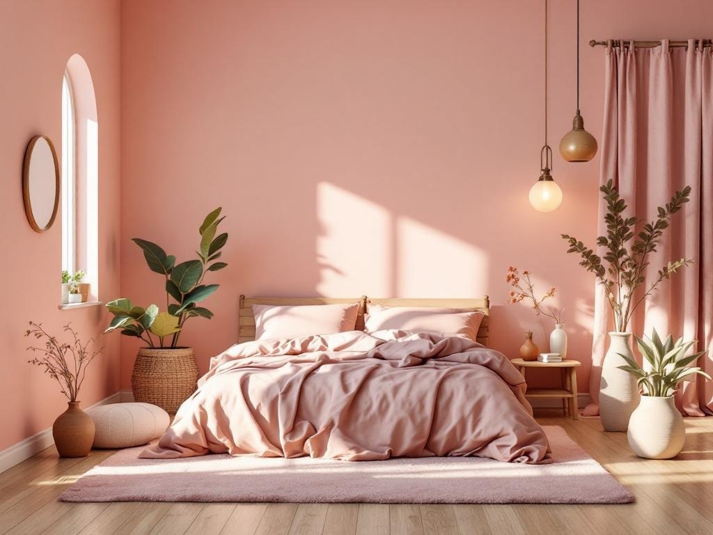 A cozy earthy pink bedroom with soft bedding, plants, and natural light.