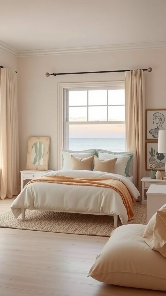 A coastal bedroom featuring soft neutral tones, a white bed with an orange throw, and natural light from a large window.