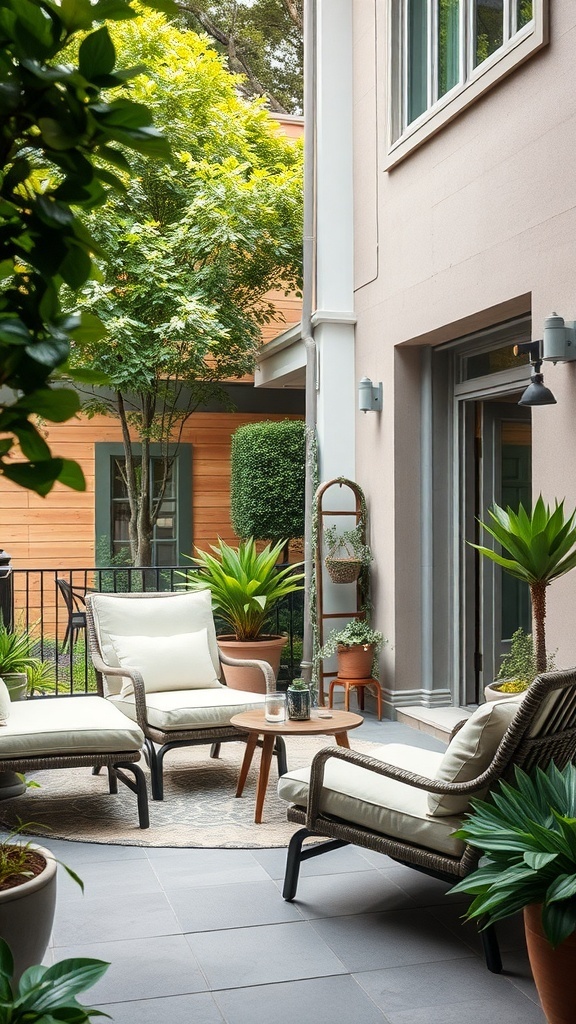A cozy outdoor patio featuring lounge chairs, a small table, and lush plants.